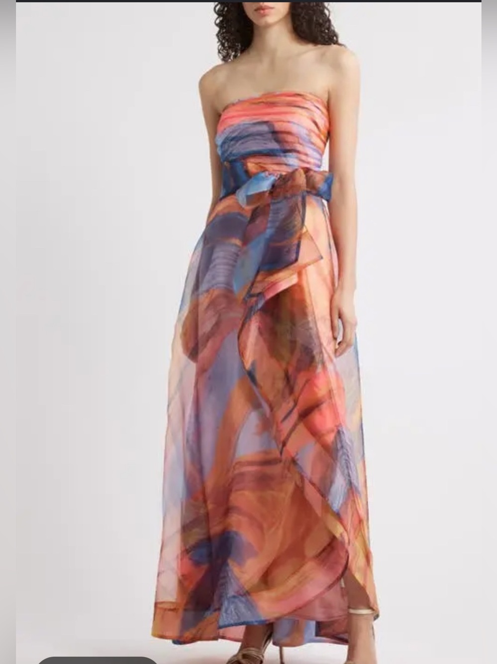Tahari ASL Strapless Watercolor Print Maxi Dress - Coral & Blue